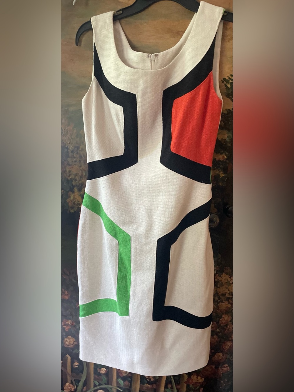 ELENE CASSIS Geometric Colorblock Dress - Cream with Orange & green .